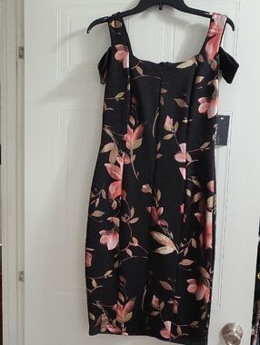 Enfocus Studio Black Midi Dress with Pink Floral Print "NEW W/TAGS"